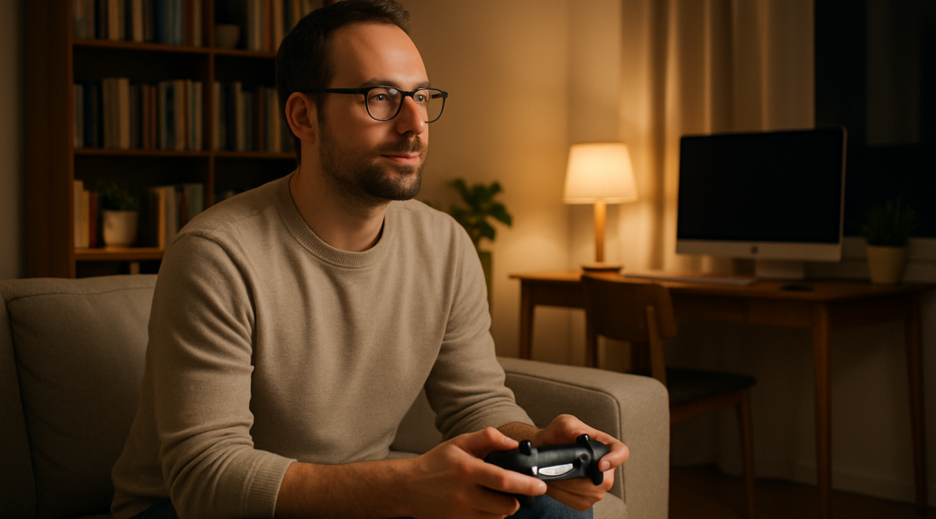 Jeu vidéo adulte dans un salon moderne en soirée