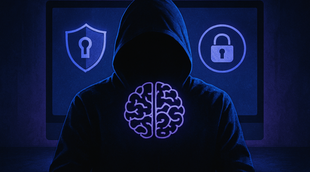Silhouette anonyme et symboles d’IA et de confidentialité pour illustrer une veille cybersécurité