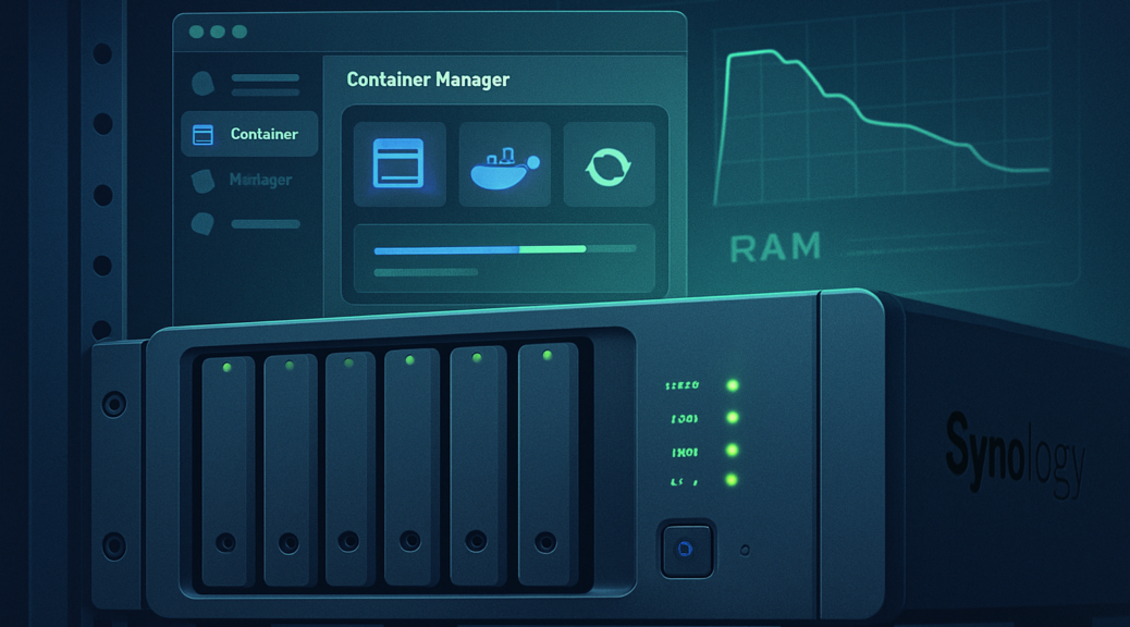 NAS Synology avec interface Container Manager et graphique RAM après redémarrage