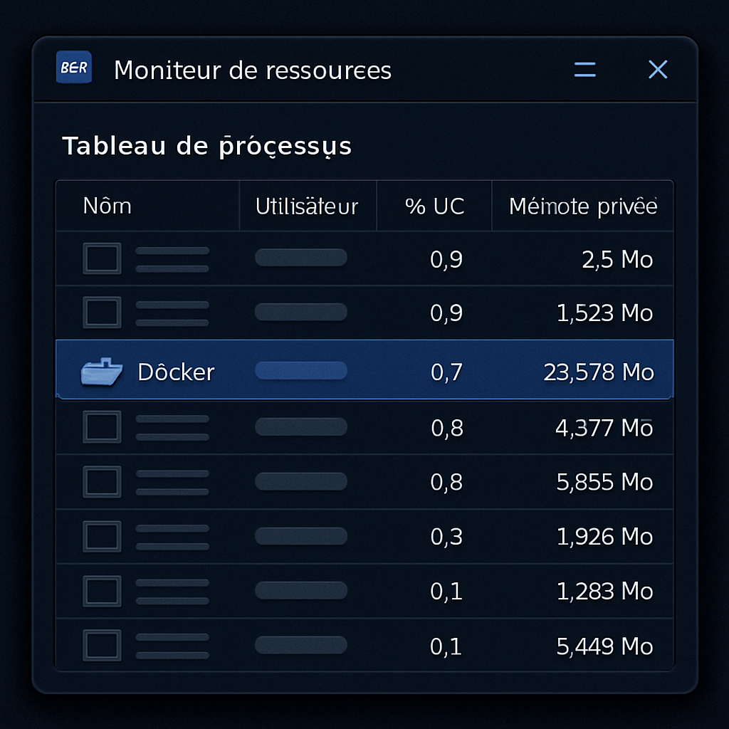 Moniteur de ressources DSM triant les processus par mémoire privée